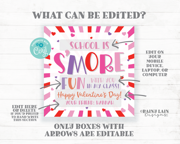 S'mores Valentine School is s'more fun with you in class Practice Team Valentine's day Tag Editable Classroom Preschool from teacher student