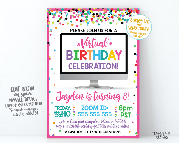 Virtual Birthday Party Invitation, Virtual Party Invitation, Video Chat Party, Social Distancing Party, Stay at Home Party, Zoom Party, Girl