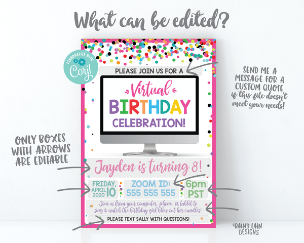 Virtual Birthday Party Invitation, Virtual Party Invitation, Video Chat Party, Social Distancing Party, Stay at Home Party, Zoom Party, Girl