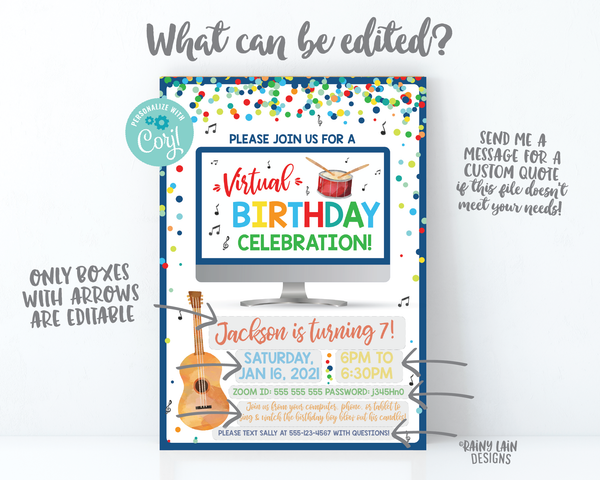 Virtual Birthday Party Invitation Music Virtual Party Invitation, Video Chat Social Distancing Stay at Home Zoom Guitar Drums Musical Notes