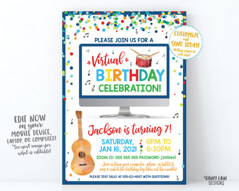 Virtual Birthday Party Invitation Music Virtual Party Invitation, Video Chat Social Distancing Stay at Home Zoom Guitar Drums Musical Notes