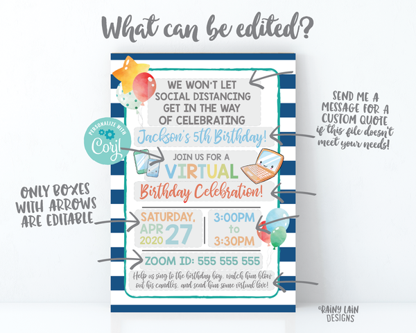 Virtual Birthday Party Invitation, Virtual Party Invitation, Social Distancing Party, Zoom Party Boy Video Chat Party, Stay at Home Party