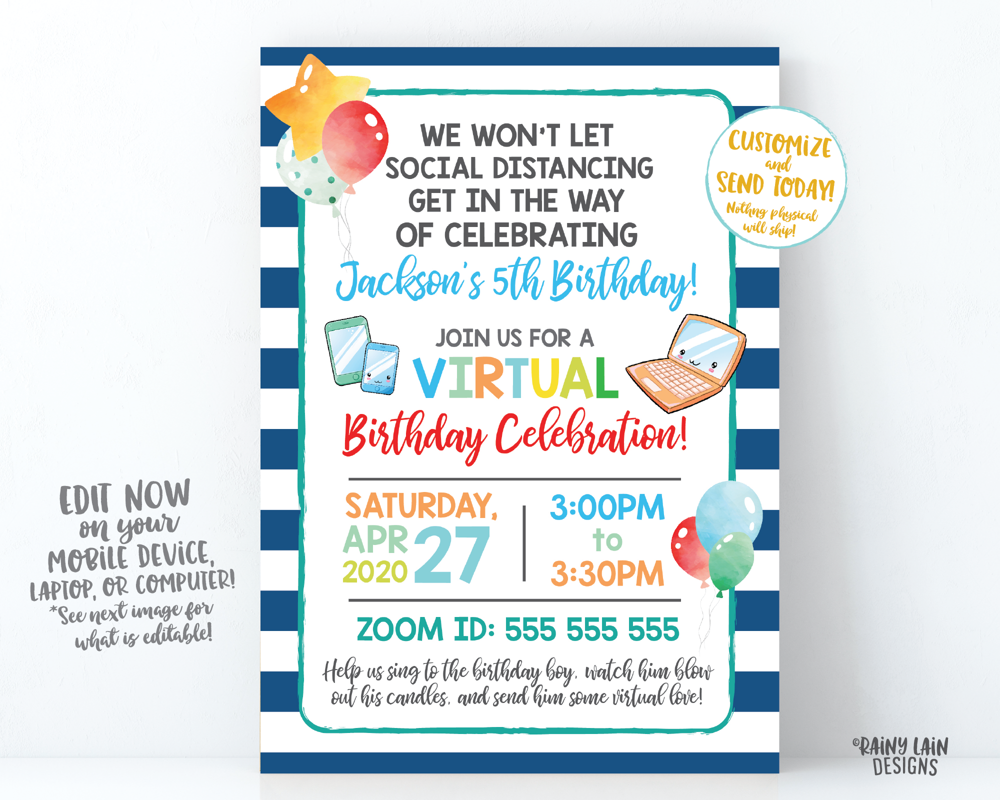 Virtual Birthday Party Invitation, Virtual Party Invitation, Social Distancing Party, Zoom Party Boy Video Chat Party, Stay at Home Party