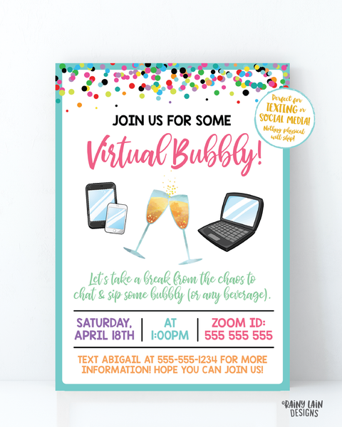 Virtual Bubbly Invitation, Mimosas, Champagne, Virtual Happy Hour, Quarantini, Cocktail Party, Lady Date, Video Chat Social Distancing Party