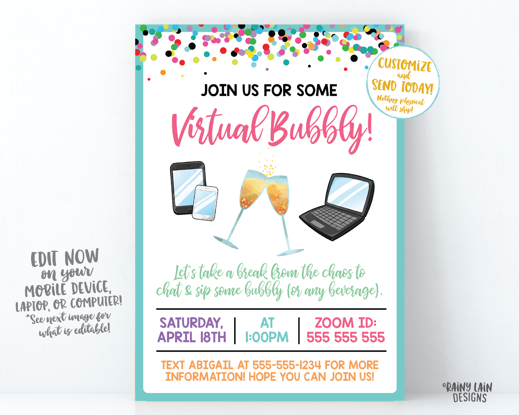 Virtual Bubbly Invitation, Mimosas, Champagne, Virtual Happy Hour, Quarantini, Cocktail Party, Lady Date, Video Chat Social Distancing Party