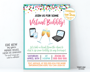 Virtual Bubbly Invitation, Mimosas, Champagne, Virtual Happy Hour, Quarantini, Cocktail Party, Lady Date, Video Chat Social Distancing Party