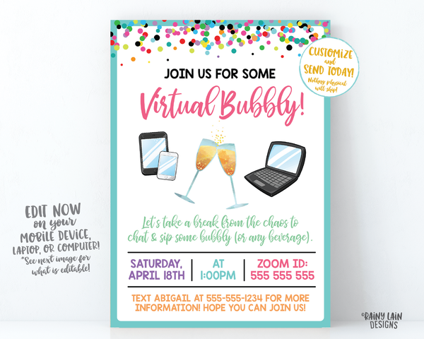 Virtual Bubbly Invitation, Mimosas, Champagne, Virtual Happy Hour, Quarantini, Cocktail Party, Lady Date, Video Chat Social Distancing Party