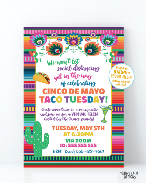 Virtual Cinco de Mayo Invitation, Virtual Fiesta, Cinco de Mayo Fiesta Taco Tuesday Social Distancing Party from Home, Quarantine Margarita