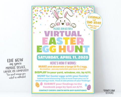 Virtual Easter Egg Hunt Invitation, Neighborhood Easter egg Scavenger Hunt, Long Distance Egg Hunt, Social Distancing Easter Egg Hunt, Local