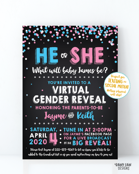 Virtual Gender Reveal Invitation, Long Distance Gender Reveal Invite, Blue or Pink, Confetti, Facebook Live, FaceTime, Video Chat, Skype