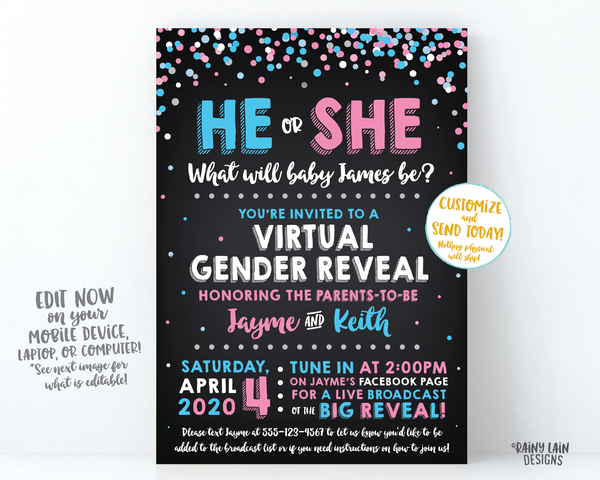 Virtual Gender Reveal Invitation, Long Distance Gender Reveal Invite, Blue or Pink, Confetti, Facebook Live, FaceTime, Video Chat, Skype