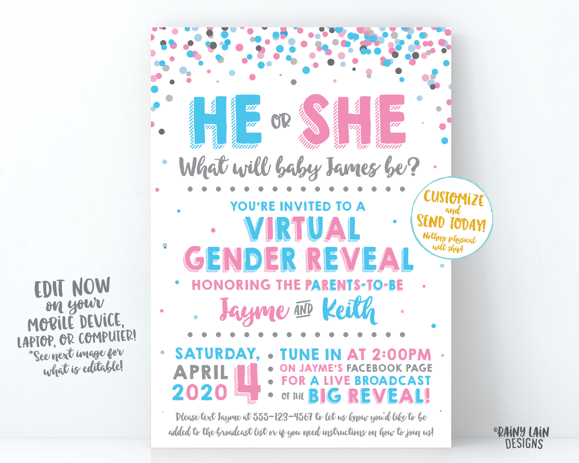 Virtual Gender Reveal Invitation, Long Distance Gender Reveal Invite, Blue or Pink, Confetti, Facebook Live, FaceTime, Video Chat, Skype