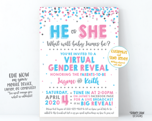 Virtual Gender Reveal Invitation, Long Distance Gender Reveal Invite, Blue or Pink, Confetti, Facebook Live, FaceTime, Video Chat, Skype