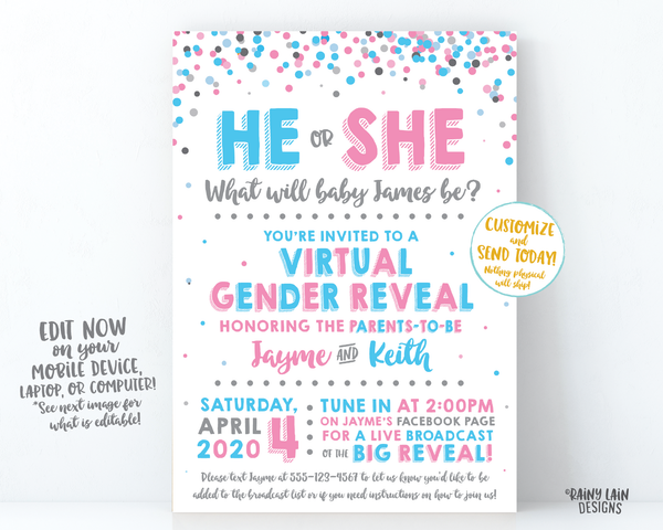 Virtual Gender Reveal Invitation, Long Distance Gender Reveal Invite, Blue or Pink, Confetti, Facebook Live, FaceTime, Video Chat, Skype