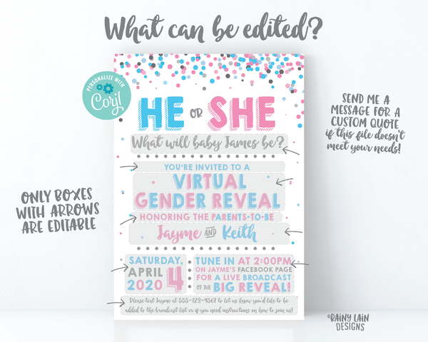 Virtual Gender Reveal Invitation, Long Distance Gender Reveal Invite, Blue or Pink, Confetti, Facebook Live, FaceTime, Video Chat, Skype