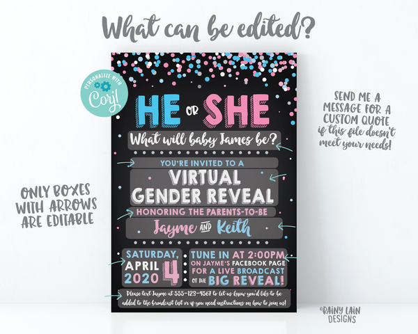 Virtual Gender Reveal Invitation, Cover Photo, Long Distance Gender Reveal, Social Media Gender Reveal, Live Video, He or She Confetti Chalk