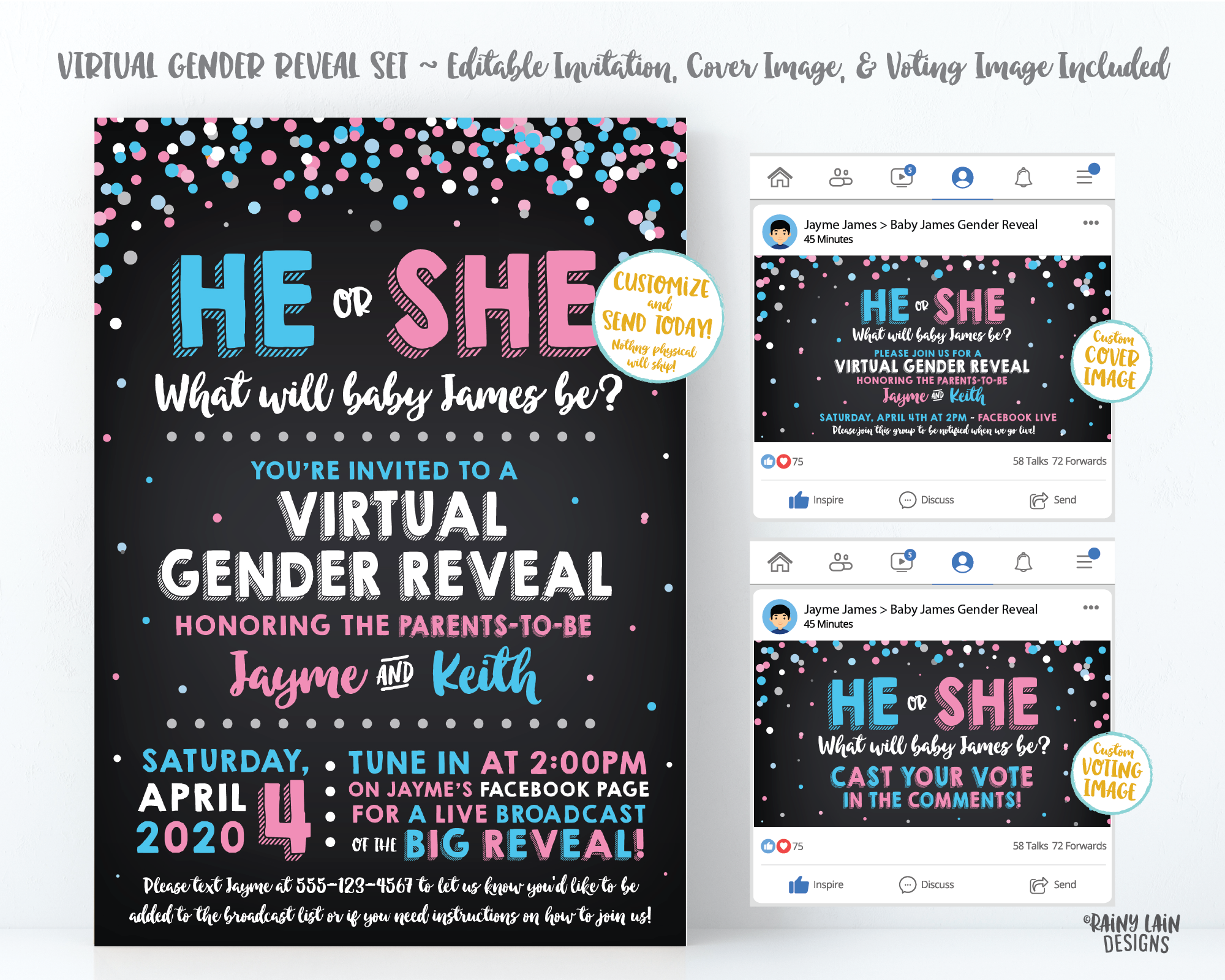 Virtual Gender Reveal Invitation, Cover Photo, Long Distance Gender Reveal, Social Media Gender Reveal, Live Video, He or She Confetti Chalk