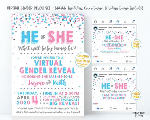 Social Media Gender Reveal, Virtual Gender Reveal Invitation, Cover Photo, Long Distance Gender Reveal, Live Video, He or She, Confetti White
