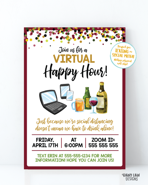 Virtual Happy Hour Invitation, Virtual Beer and Wine, Virtual Party Invitation, Quarantini, Cocktail Party, Video Chat Social Distancing