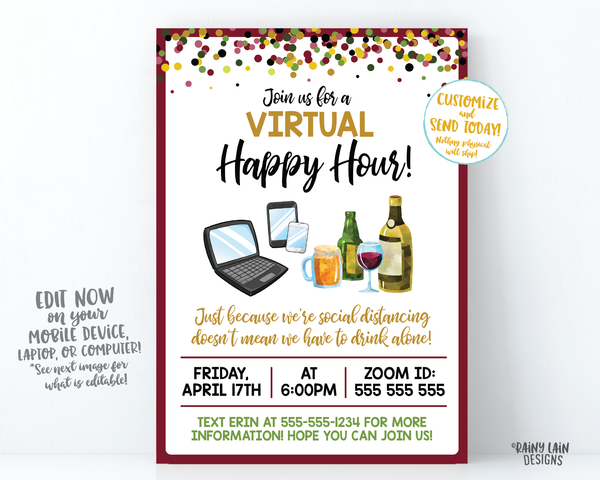 Virtual Happy Hour Invitation, Virtual Beer and Wine, Virtual Party Invitation, Quarantini, Cocktail Party, Video Chat Social Distancing
