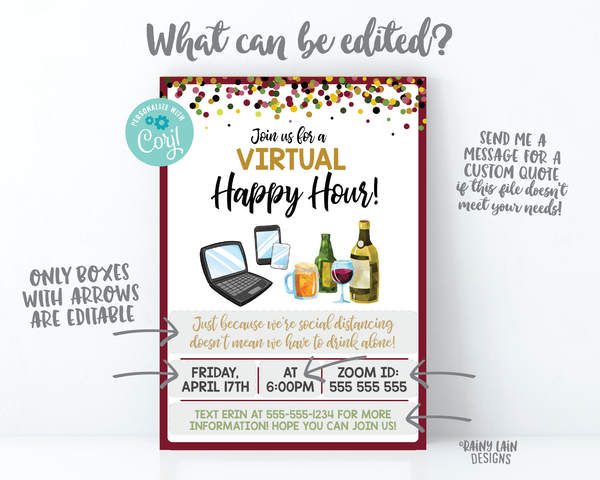 Virtual Happy Hour Invitation, Virtual Beer and Wine, Virtual Party Invitation, Quarantini, Cocktail Party, Video Chat Social Distancing