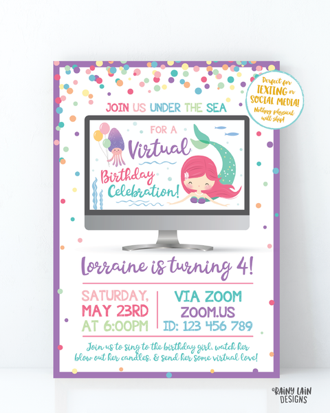 Virtual Mermaid Birthday Invitation, Mermaid Virtual Birthday Party Invite, Virtual Party, Quarantine, Social Distancing, Stay at Home Party