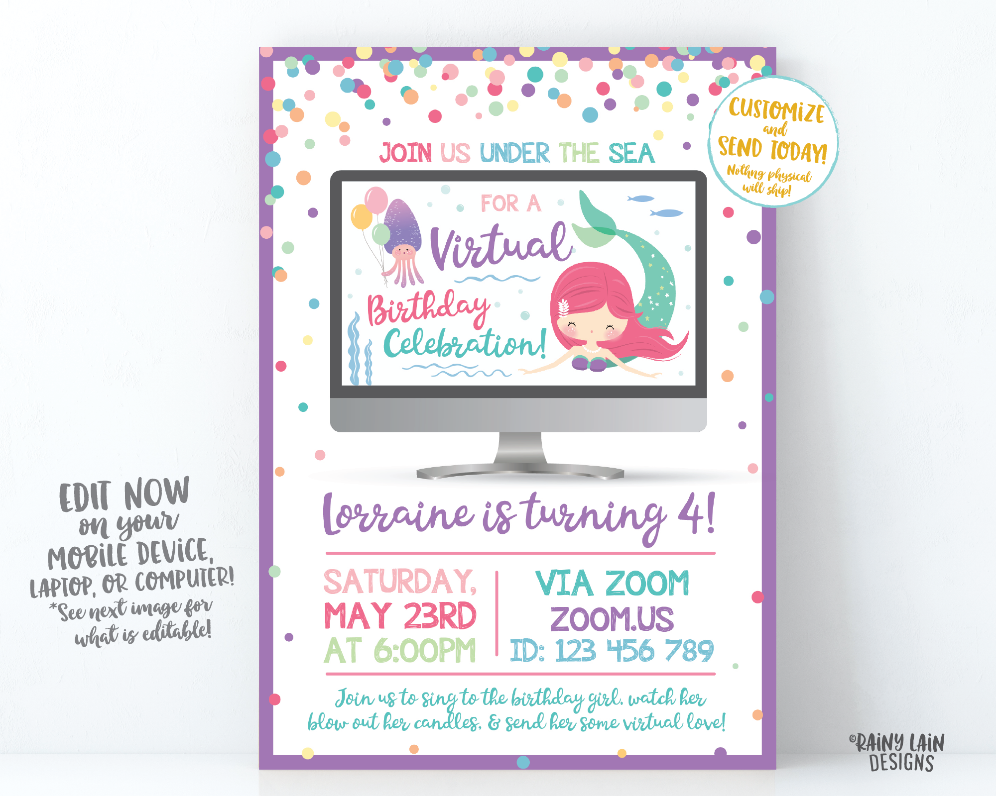 Virtual Mermaid Birthday Invitation, Mermaid Virtual Birthday Party Invite, Virtual Party, Quarantine, Social Distancing, Stay at Home Party