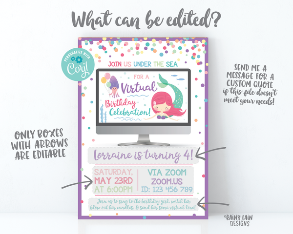 Virtual Mermaid Birthday Invitation, Mermaid Virtual Birthday Party Invite, Virtual Party, Quarantine, Social Distancing, Stay at Home Party