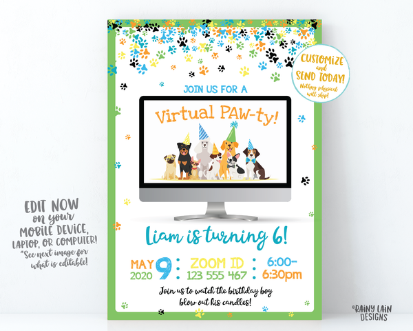 Puppy Virtual Party Invitation Virtual Birthday Party Invitation Video Chat Party Paw-ty Social Distancing Stay at Home Party Zoom Party
