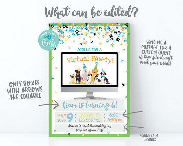 Puppy Virtual Party Invitation Virtual Birthday Party Invitation Video Chat Party Paw-ty Social Distancing Stay at Home Party Zoom Party