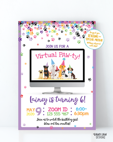 Virtual Birthday Party Invitation Puppy Virtual Party Invitation, Video Chat Party, Social Distancing Party, Stay at Home Party, Zoom Party