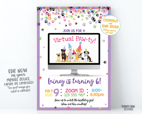 Virtual Birthday Party Invitation Puppy Virtual Party Invitation, Video Chat Party, Social Distancing Party, Stay at Home Party, Zoom Party