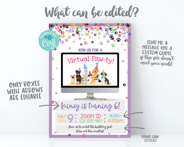 Virtual Birthday Party Invitation Puppy Virtual Party Invitation, Video Chat Party, Social Distancing Party, Stay at Home Party, Zoom Party