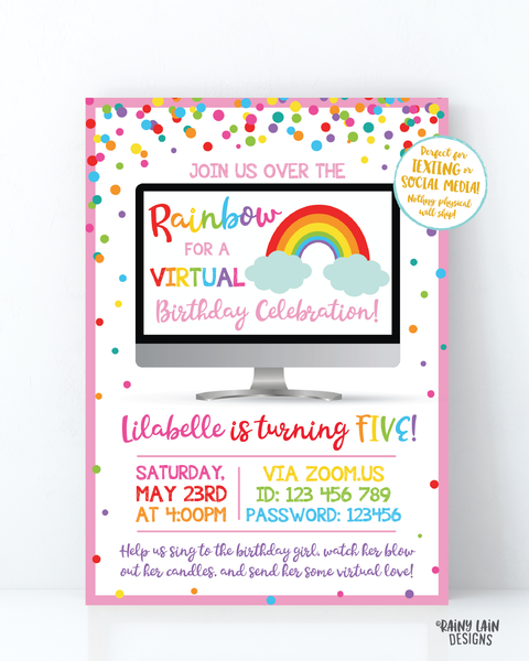 Virtual Rainbow Birthday Invitation, Rainbow Virtual Birthday Party Invite, Virtual Party, Quarantine, Social Distancing, Stay at Home Party