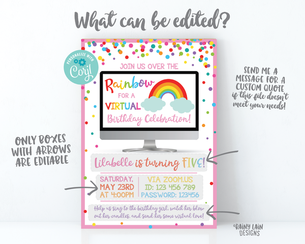 Virtual Rainbow Birthday Invitation, Rainbow Virtual Birthday Party Invite, Virtual Party, Quarantine, Social Distancing, Stay at Home Party