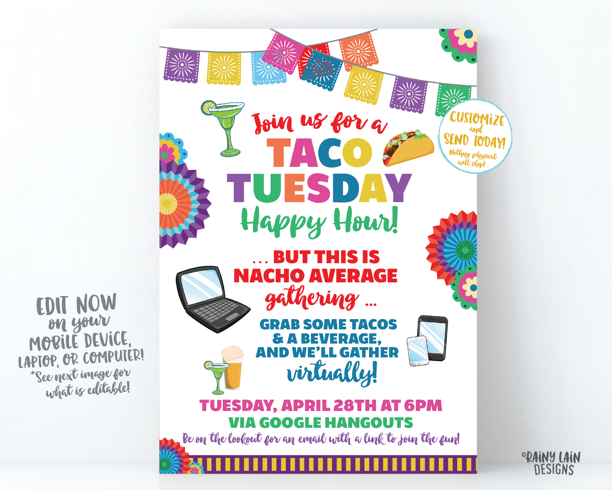 Virtual Taco Tuesday Invitation, Virtual Happy Hour Invitation, Nacho Average, Cinco de Mayo, Social Distancing Party from Home, Quarantine