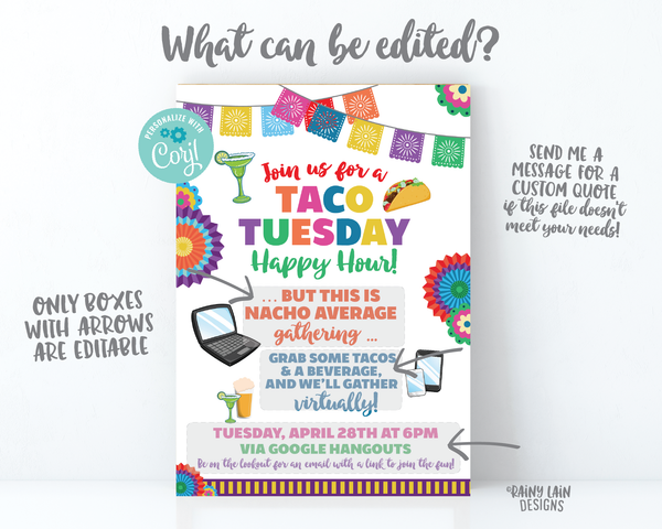 Virtual Taco Tuesday Invitation, Virtual Happy Hour Invitation, Nacho Average, Cinco de Mayo, Social Distancing Party from Home, Quarantine