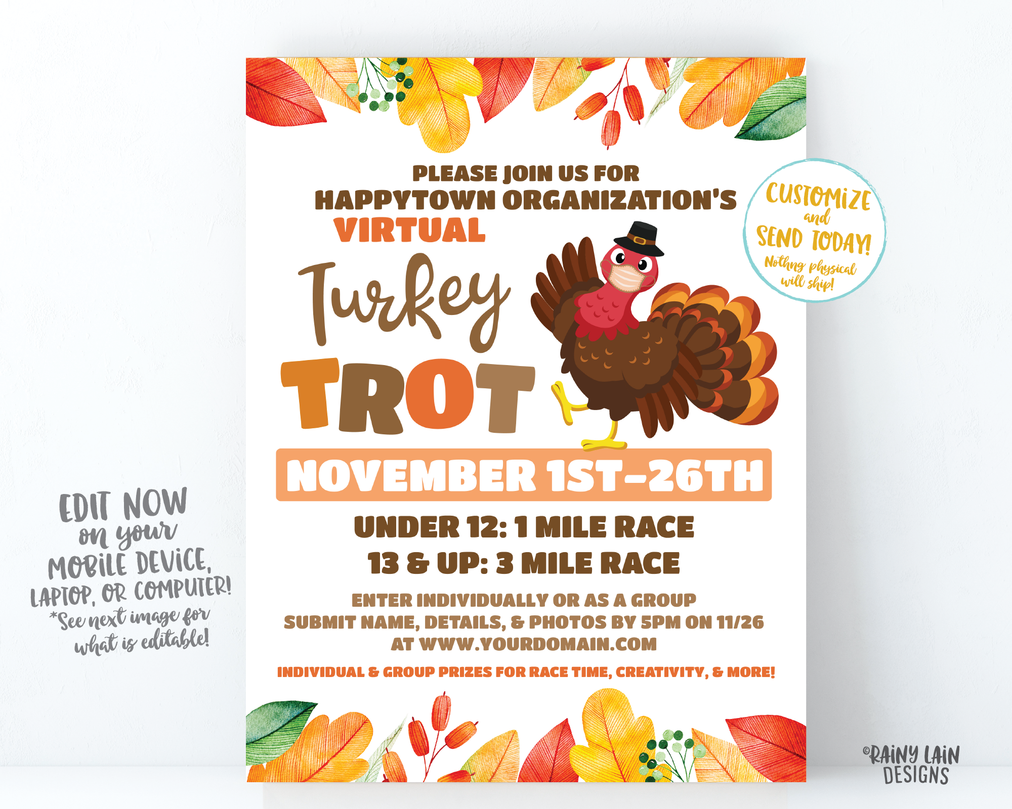 Virtual Turkey Trot Flyer, Thanksgiving Fundraiser Flyer, Turkey Invitation Thanksgiving Turkey Trot Flier Printable Editable, Masked Turkey