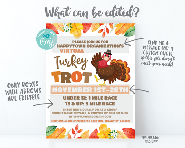 Virtual Turkey Trot Flyer, Thanksgiving Fundraiser Flyer, Turkey Invitation Thanksgiving Turkey Trot Flier Printable Editable, Masked Turkey