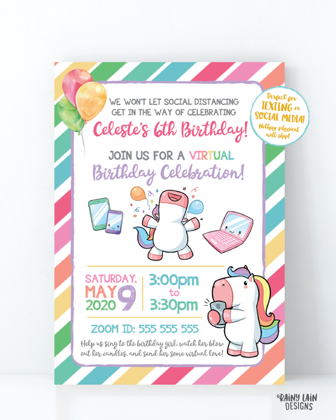 Virtual Unicorn Birthday Invitation, Unicorn Virtual Birthday Party Invite, Virtual Party, Quarantine, Social Distancing, Stay at Home Party