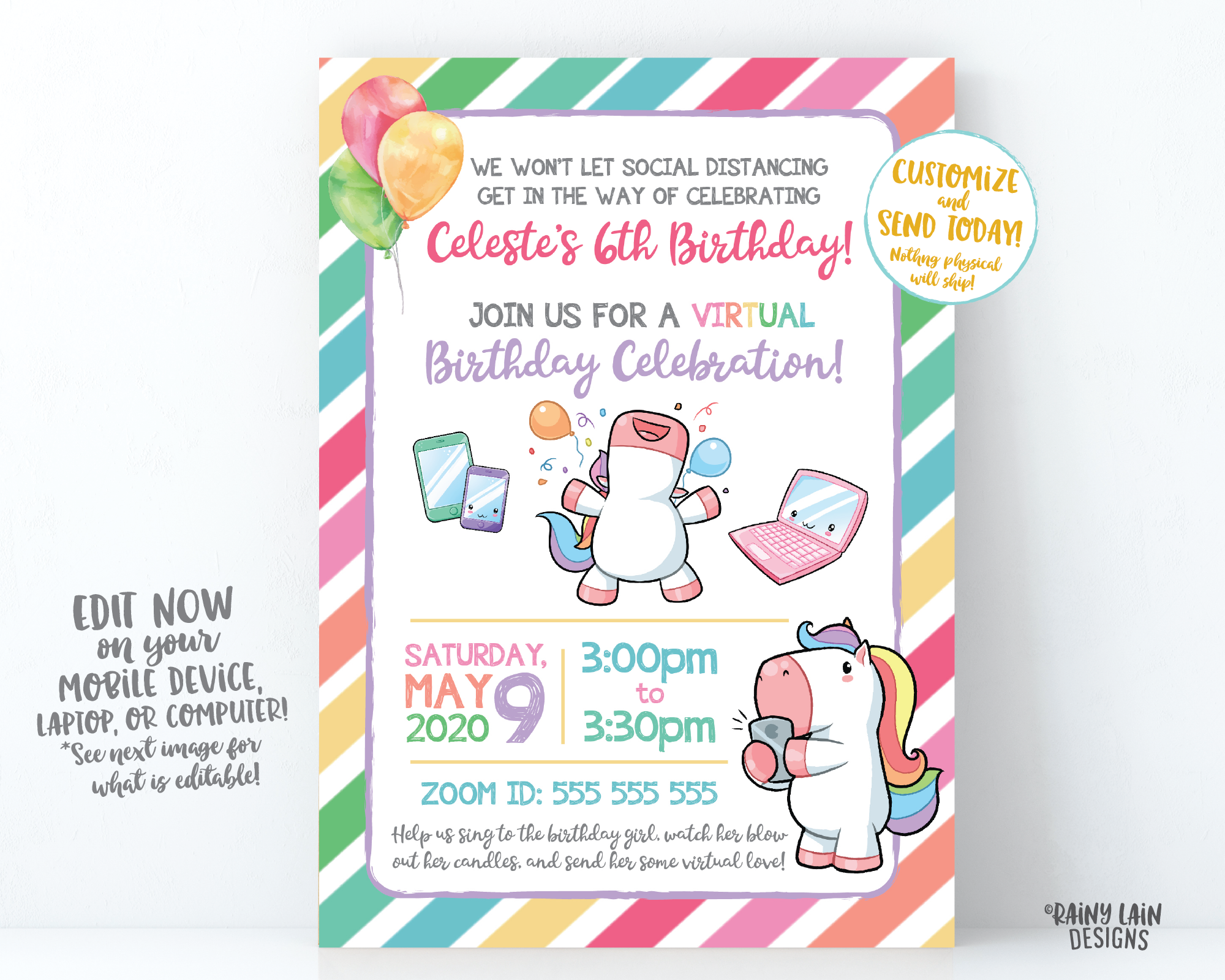 Virtual Unicorn Birthday Invitation Unicorn Virtual Birthday