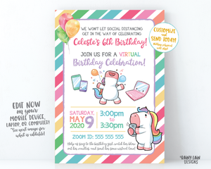 Virtual Unicorn Birthday Invitation, Unicorn Virtual Birthday Party Invite, Virtual Party, Quarantine, Social Distancing, Stay at Home Party