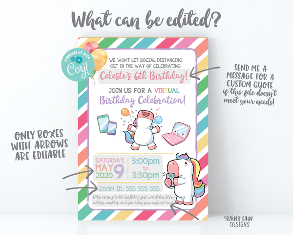Virtual Unicorn Birthday Invitation, Unicorn Virtual Birthday Party Invite, Virtual Party, Quarantine, Social Distancing, Stay at Home Party