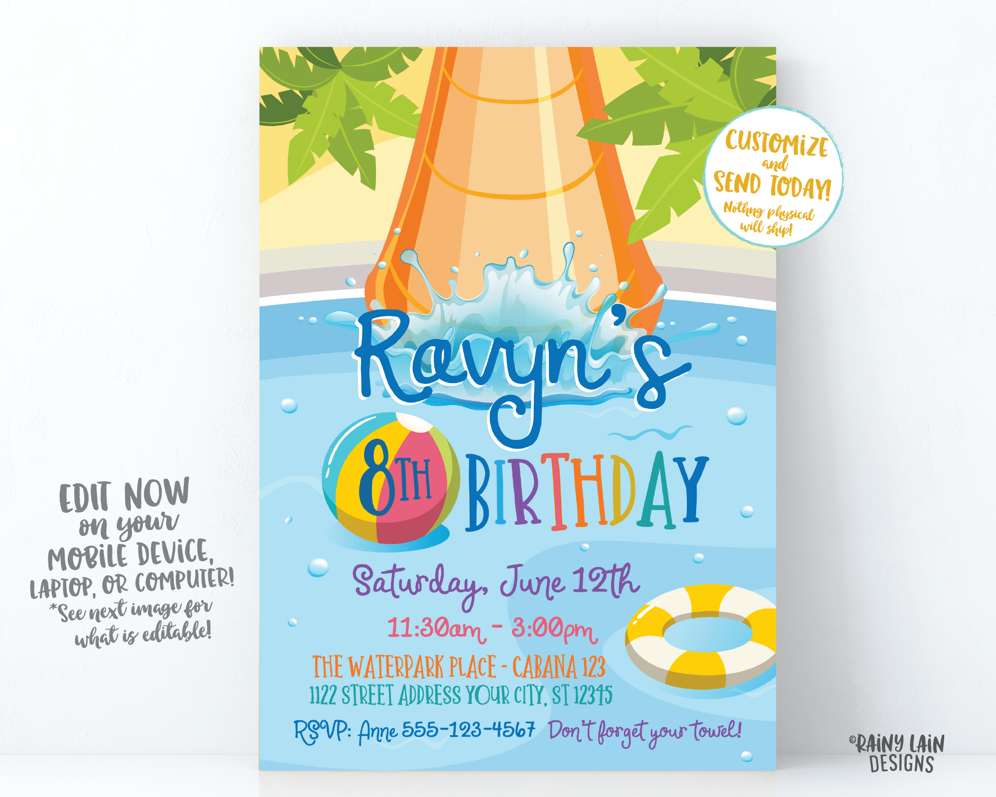 Water Park Birthday Invitation, Water Slide Invite Water Park Invitation Beach Ball Pool Float Tube Palm Trees Waterslide Birthday Waterpark