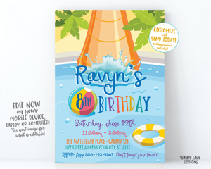 Water Park Birthday Invitation, Water Slide Invite Water Park Invitation Beach Ball Pool Float Tube Palm Trees Waterslide Birthday Waterpark