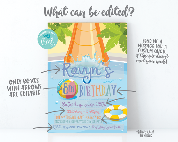 Water Park Birthday Invitation, Water Slide Invite Water Park Invitation Beach Ball Pool Float Tube Palm Trees Waterslide Birthday Waterpark