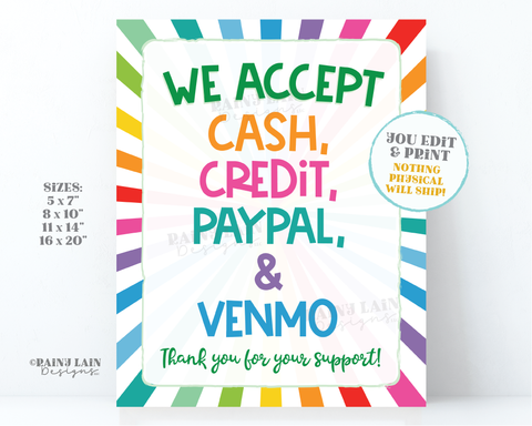 We Accept Cash and Credit Cards Sign Editable PayPal Venmo Cookie Booth Printable Bake Sale Fundraiser Bakery Craft Show Handmade Payment