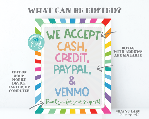 We Accept Cash and Credit Cards Sign Editable PayPal Venmo Cookie Booth Printable Bake Sale Fundraiser Bakery Craft Show Handmade Payment
