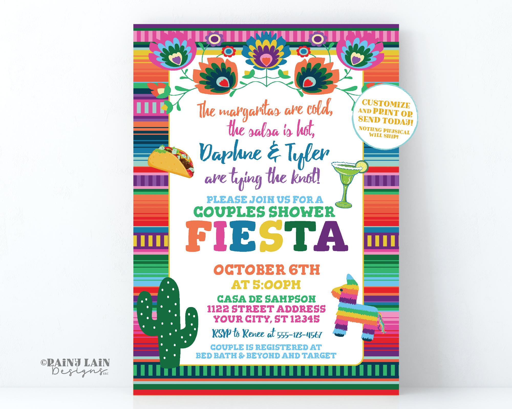 Couples Shower Fiesta Invitation Margaritas are Cold Salsa is Hot Tying the Knot Wedding Shower Invite Taco Margarita Cactus Piñata Serape