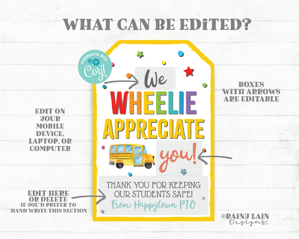Bus Driver Gift Tag We Wheelie Appreciate You National School Bus Drivers Day Sweet Ride Transportation Appreciation Thank you PTO